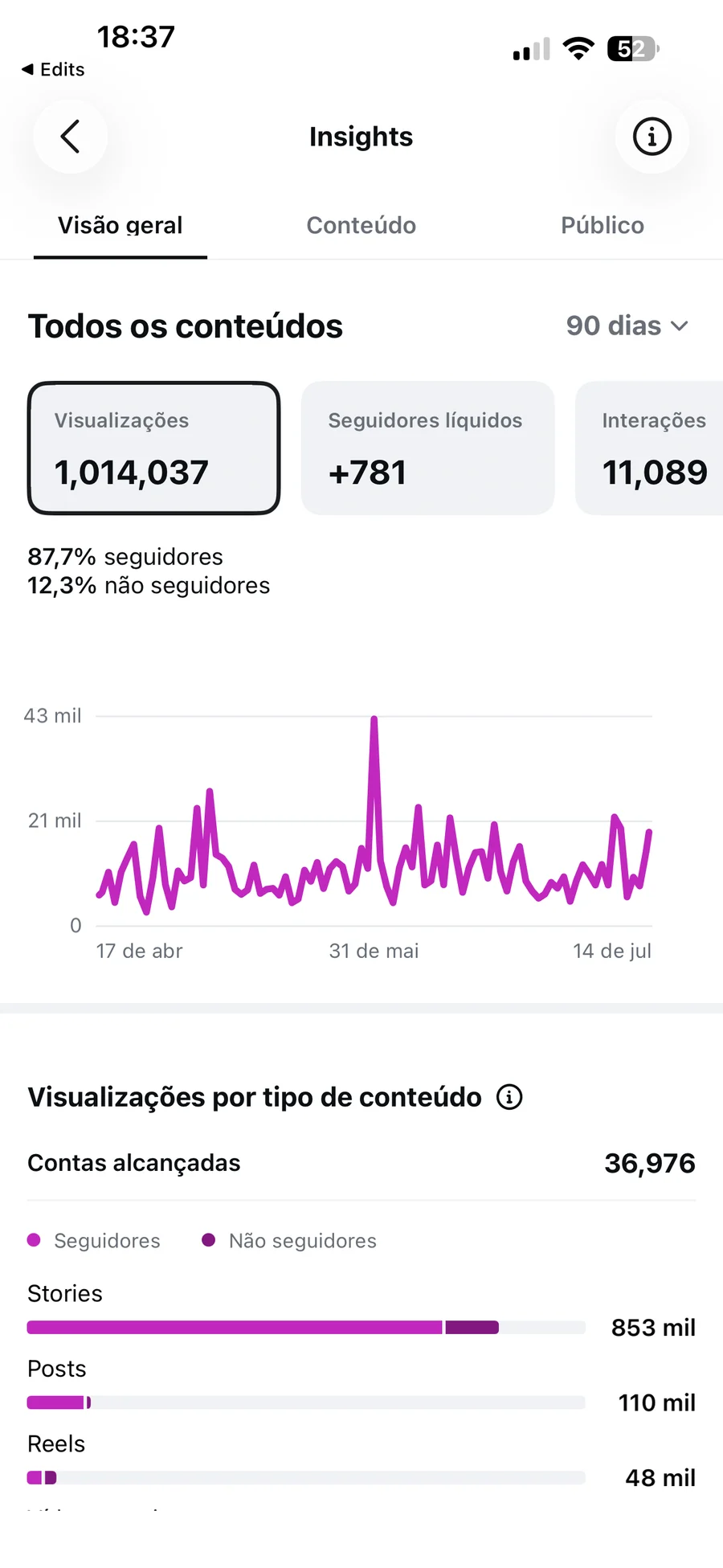 Print dos Insights de Ludmila Leonel com 36.976 contas alcançadas e visualizações por tipo de conteúdo: 853 mil em stories, 110 mil em posts e 48 mil em Reels.